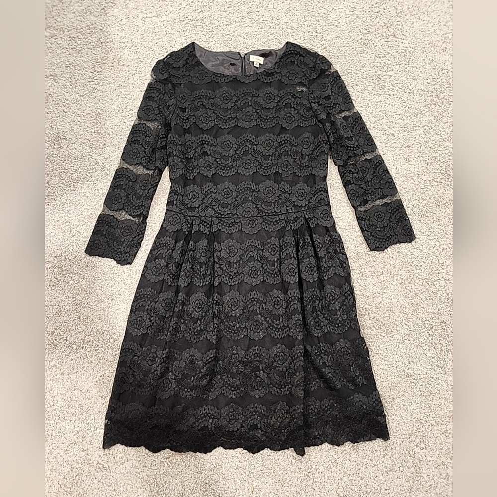 Cremieux Womens 12 Black Floral Lace 3/4 Sleeve Midi Dress